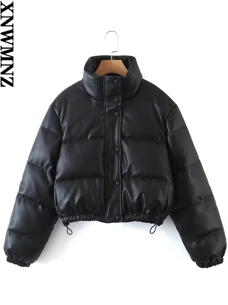 XNWMNZ 2022 Women Fashion Faux Leather Thick Warm Padded Jacket Coat Vintage Long Sleeve Elastic Hem Female Outerwear Chic Tops