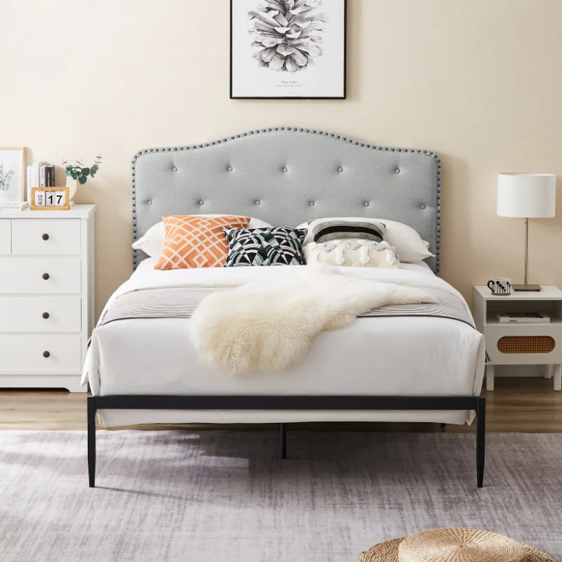 

[Flash Deal]B113 Standard Double Bed Nice Button-down Headboard Solid Iron Frame High Temperature Paint No Need for Box Springs