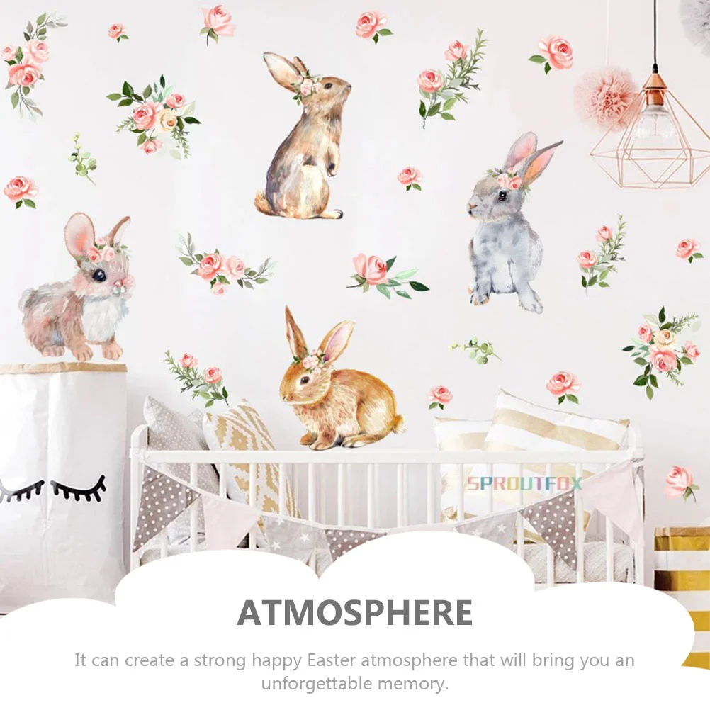 

3pcs Lovely Cartoon Sticker Easter Bunny Flower Decal Home Backdrop Decor