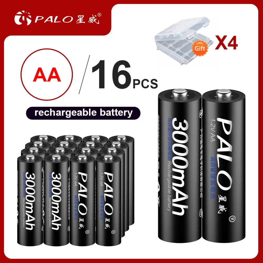 

PALO 100% original 16pcs 3000mAh NI-MH 1.2V AA Battery Rechargeable Battery 2A Rechargeable Batteries With Box for toy car