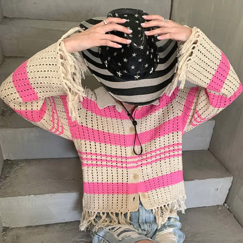 2022 New Y2K Fringed Cutout Jacket Top Short Striped Long Sleeved Lapel Knit Cardigan Women Crop Top Sweater Pink Cardigan