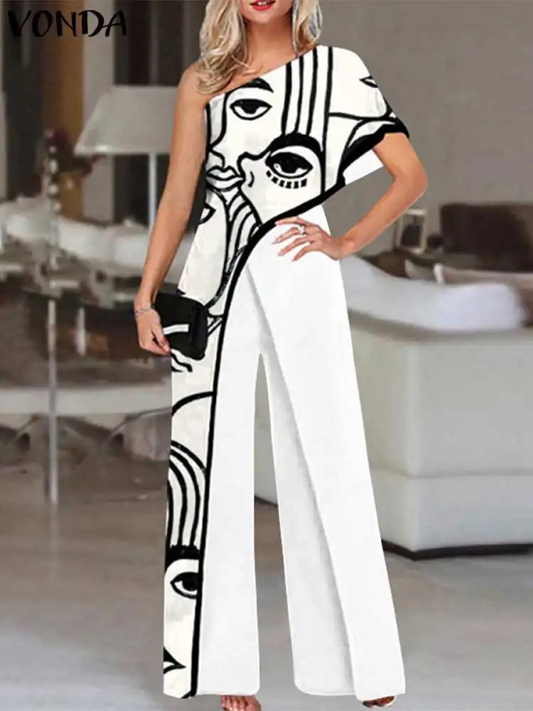 

VONDA 2022 Fashion Women Long Jumpsuits Sexy One Shoulder Printed Trousers Casual Elegant Loose Wide Leg Pants Pantalon Femme