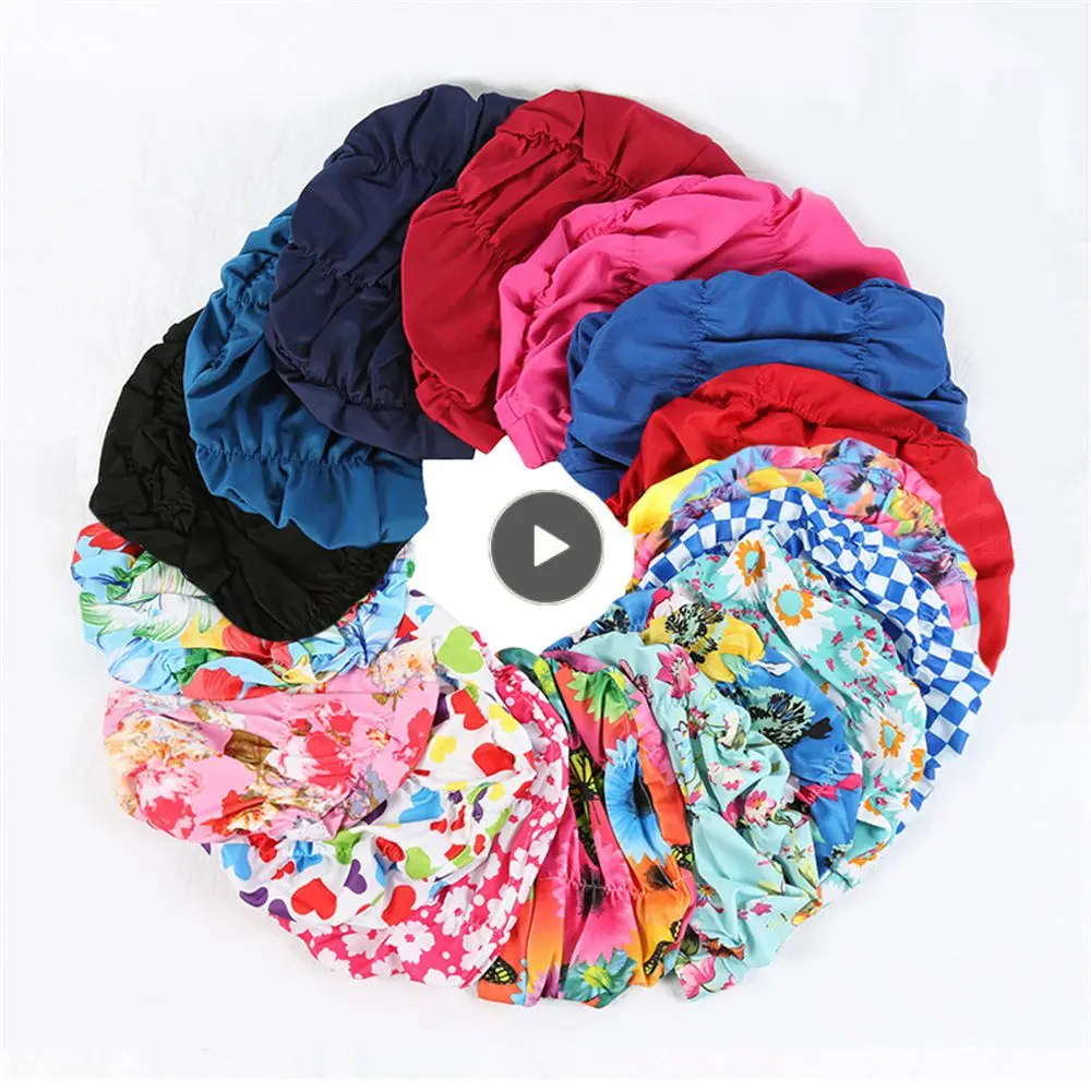 

Colorful Swimming Cap Flowers Printed Double-layer Pleated Long Hair Turban Ear Protection Bathing Caps Protect Long Hair Summer