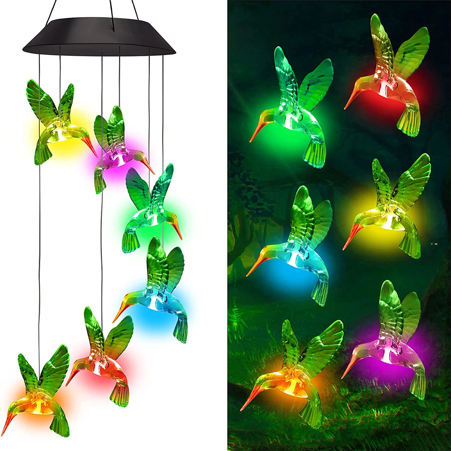 

Color Changing LED Solar Mobile Wind Chime Light Waterproof Six Hummingbird Wind Chimes for Home Party Night Garden Decoration