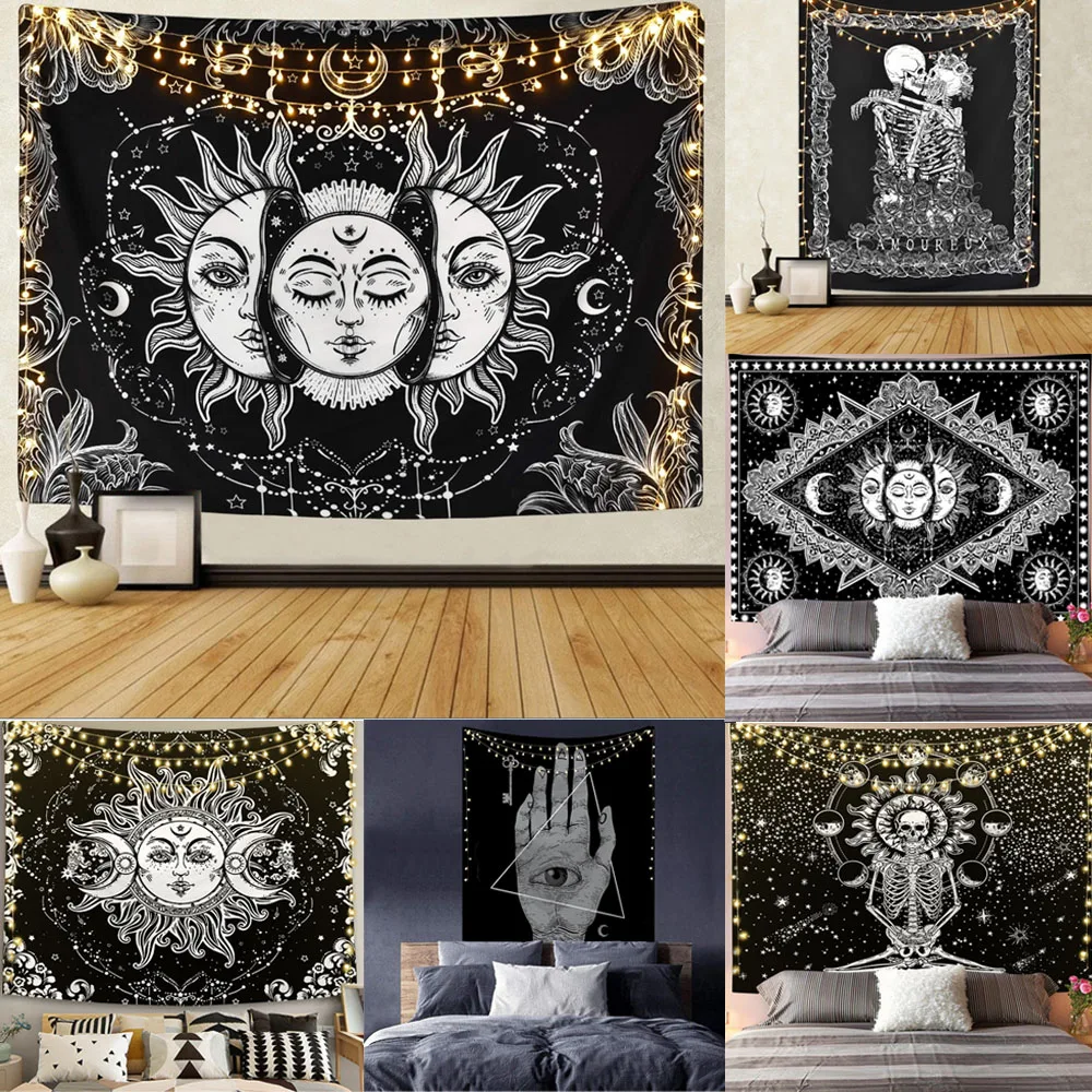 

White Black Sun and Moon Hanging Cloth Home Wall Decoration Backgroun Art Hanging Painting Mandala Style Dorm Room Decorations