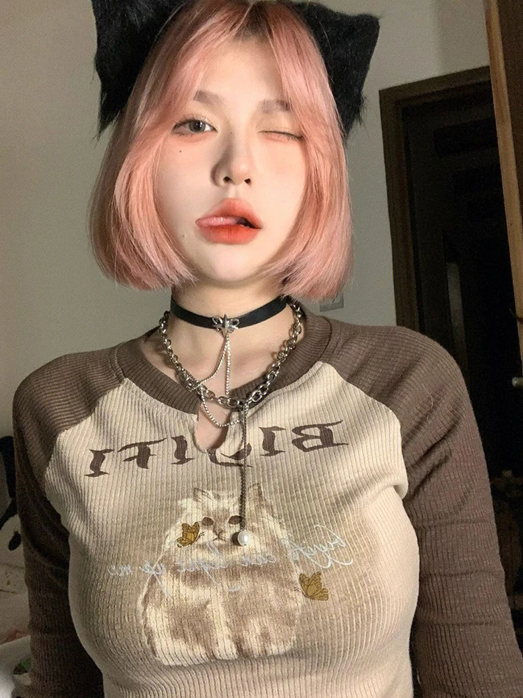 

Y2k Vintage Crop Top Women Spring Summer Long Sleeve Cat Printed T-Shirt Korean Fashion Harajuku Contrast Color Patchwork Tees