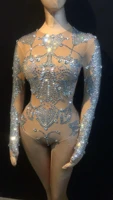 perspective sexy nude bodysuit rhinestones shiny bodycon for women stage wear lady nightclub bar show costumes performance suit