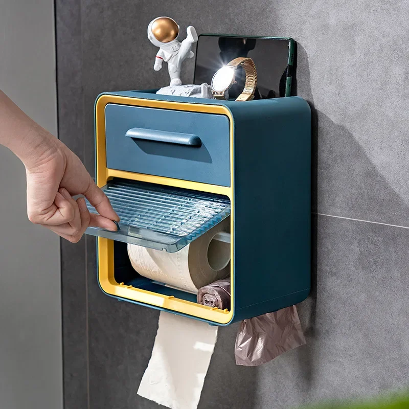 

Drawer Type Tissue Box Non Perforated Double-layer Shelf Waterproof Wall Mount Bathroom Storage Rack Portable Toilet Roll Holder