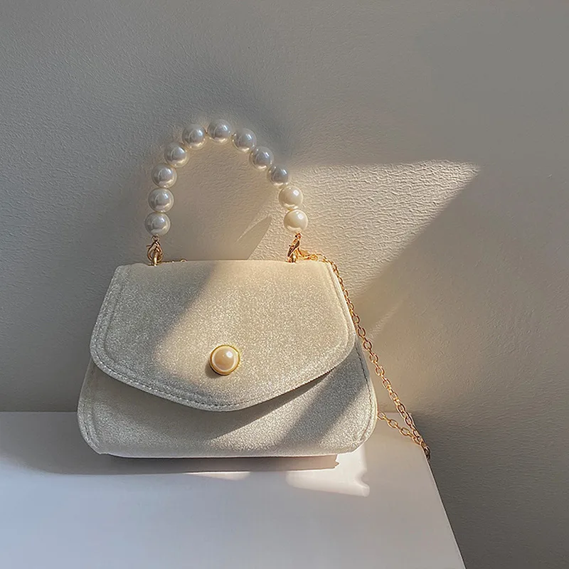 

Vintage Small Square Shoulder Bag For Women Pearl Chain Ladies Tote Handbags Evening Clutch Purse Fashion Female Crossbody Bags