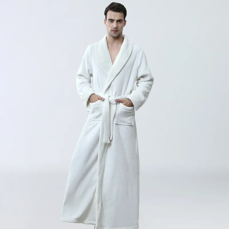 Men's Winter Warm Velvet V-neck Bathrobe Long Thickened Pajamas Coral Velvet Solid Color Long-sleeved Pajamas Hotel Bathrobe