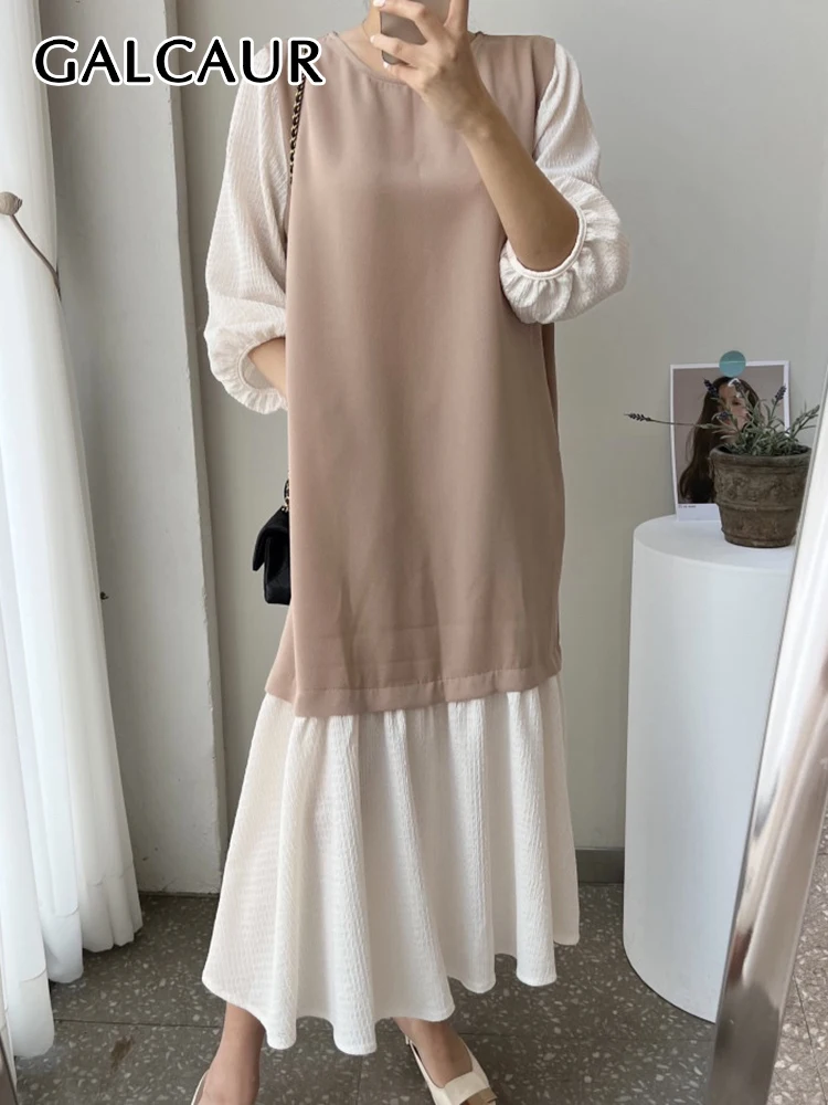 

GALCAUR Patchwork Dress For Women Colorblock Round Neck Three Quarter Sleeve Loose Waist Fold Pleated Hem Dresses Female 2022