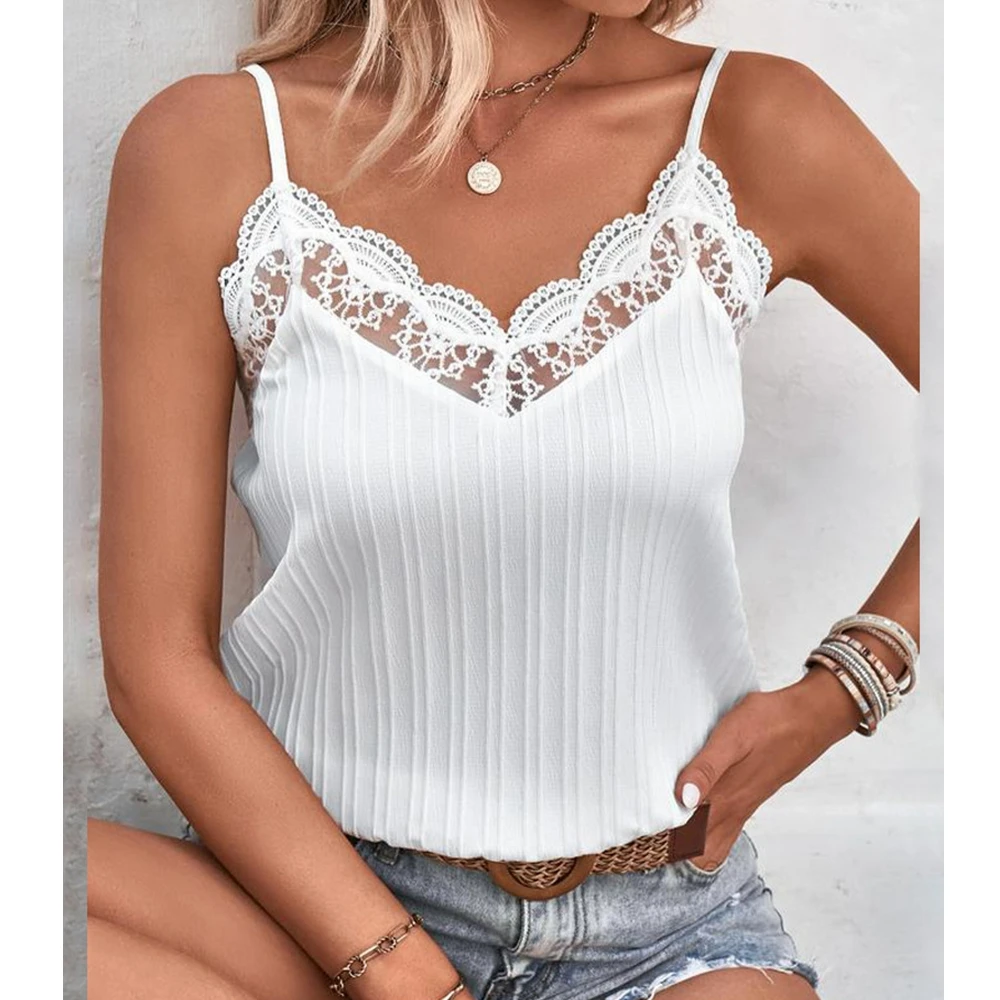 

Женский топ без рукавов Wepbel, с V-образным вырезом и кружевной отделкой, повседневный однотонный СВОБОДНЫЙ Модный жилет, свободные летние майки