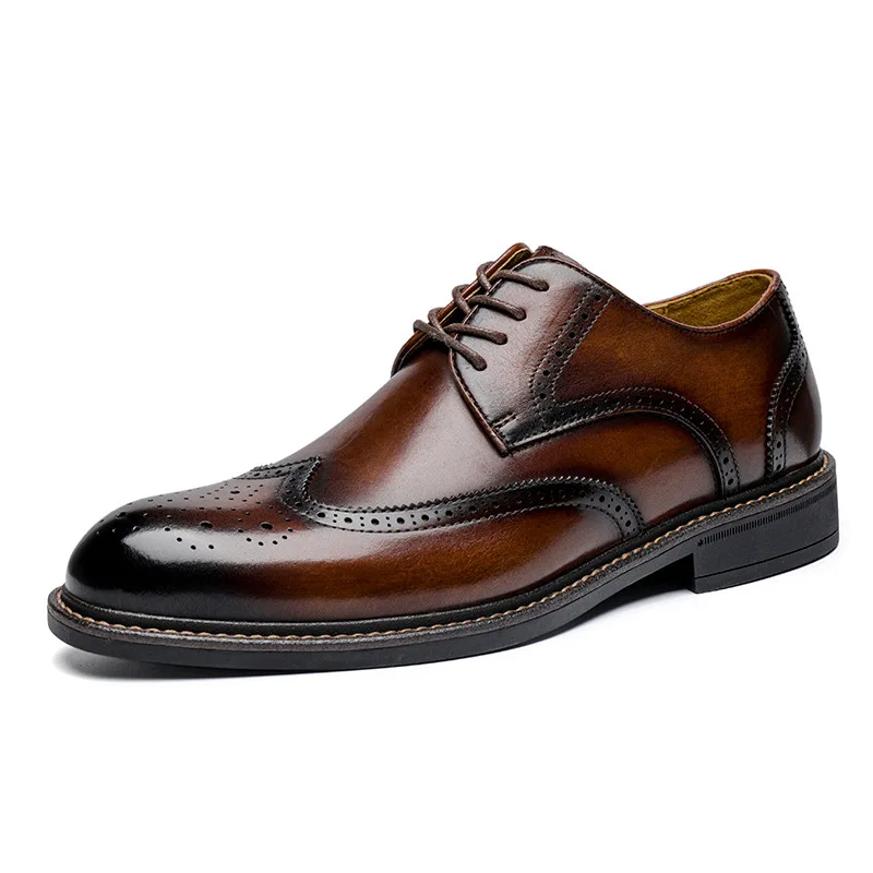 

British Style Men's Dress Shoes Genuine Leather Oxford Shoes Fashion Lace Up Brogue Shoes Men Flats Soft Moccasins Black Brown