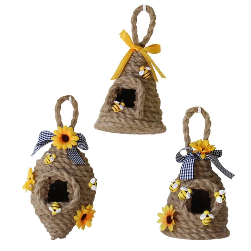 

Easter Sunflower Round Honeycomb Ornament Bee Festival Weaving Hemp Rope Craft Balcony Hanging Ring Bee Festival Decoration