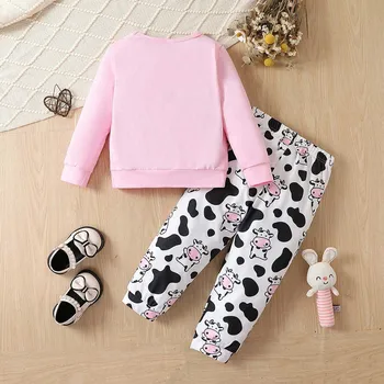 Letter Clothes Sets For Kids  Girls Long Sleeve Cartoon Cow Prints Tops Pants Two Piece Casual Outfits Clothes Set Ropa De NiñO 1