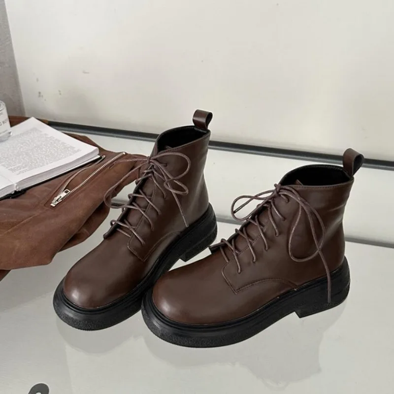 

Женские ботильоны с круглым носком, короткие ботинки на платформе и низком каблуке, уличные ботинки со шнуровкой, весна-осень 2023