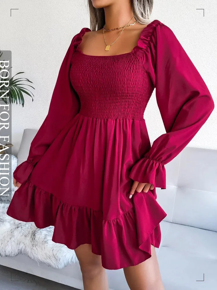 

Elegant A-line Long Sleeve Mini Dress Women Square Collar Ruffles Ruched High Waist Black Bodycon Dress Women Party Vestidos
