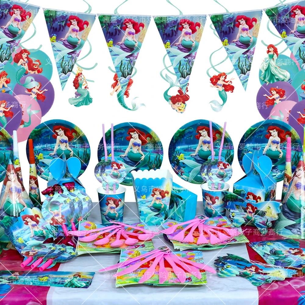 

Disney Mermaid Ariel Birthday Party Decorations Disposable Tableware Paper Hat Napkins Plate Table Cloth Girls Birthday Gift
