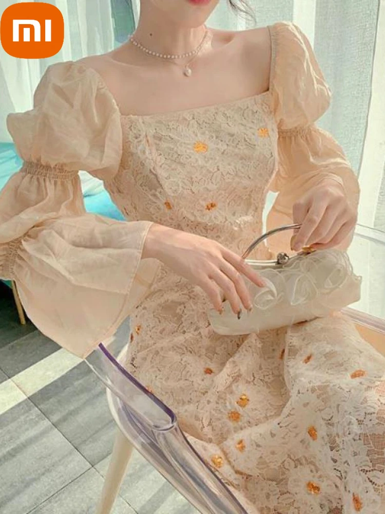 

Женское винтажное платье-миди с длинным рукавом и квадратным вырезом