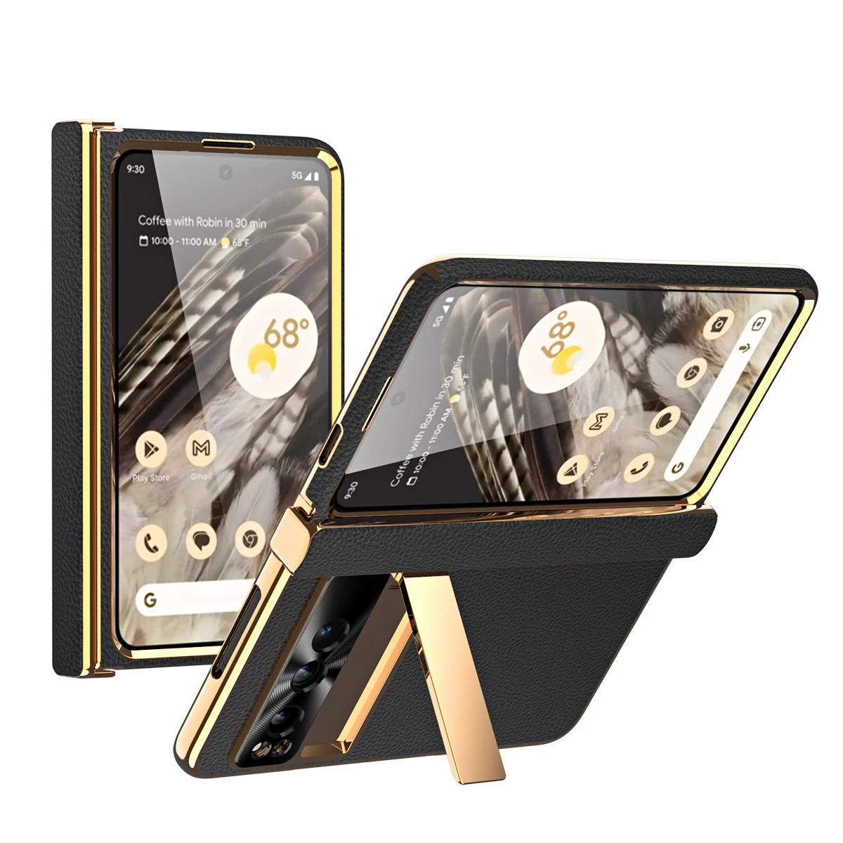 

For Google Pixel Fold Case Luxury Electroplating Lychee Patterned Plain Leather Bracket Folding Hinge With Tempered Film Cover