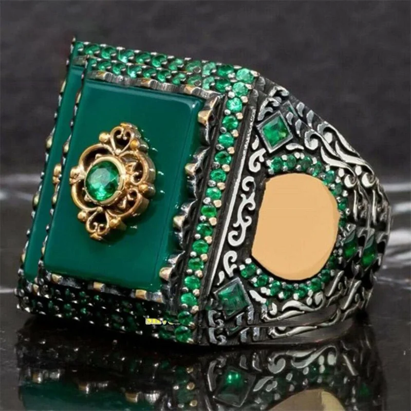 

European and American Atmosphere High-end Emerald Square Ring Men's Fashion Large Size Trendy Exaggerated Index Finger Ring