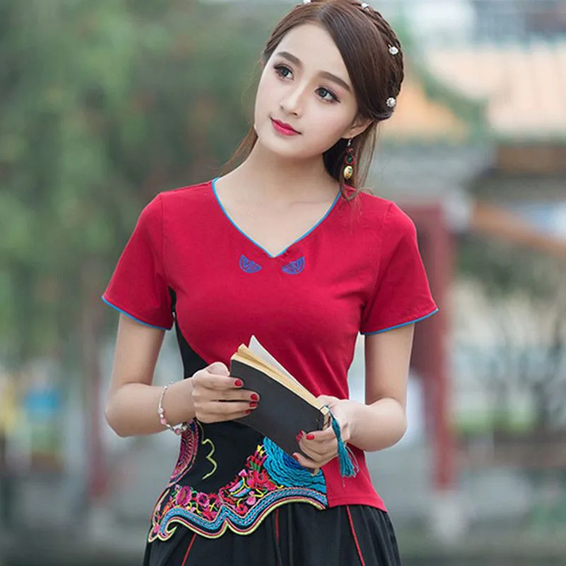 

Cheongsam Women's Hanfu Tops 2023 Summer Fashion Cotton Blend Embroidery Splicing V-Neck Short Sleeve Chinese Style Shirts Woman