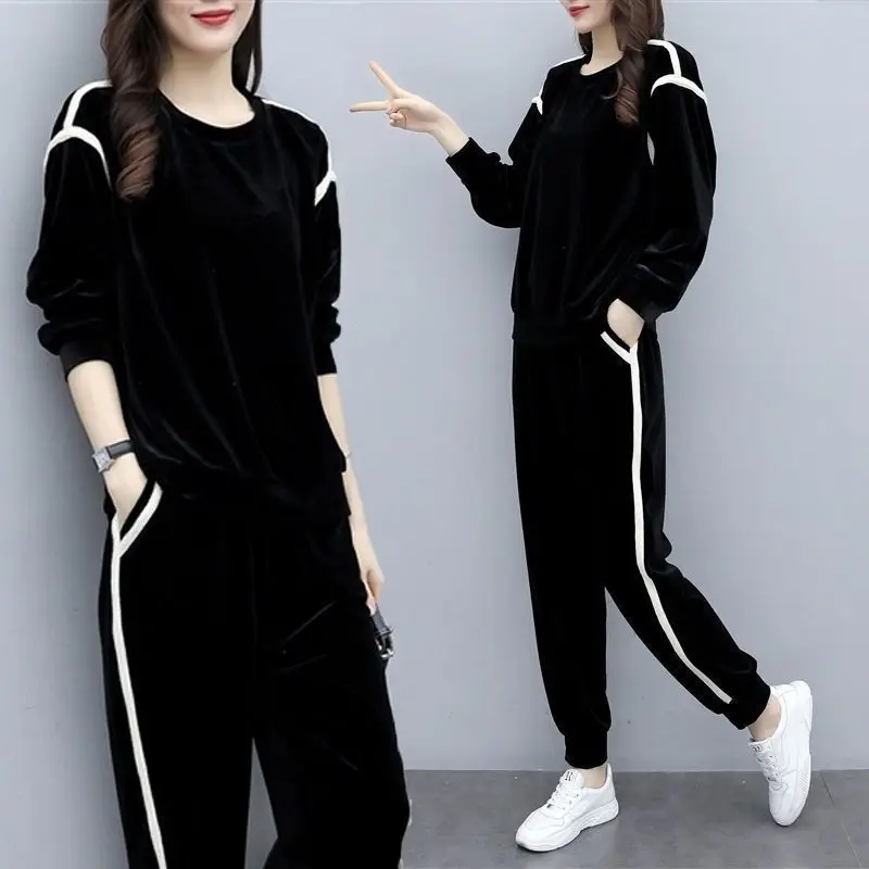 

Комплект из двух предметов для женщин, золотистый бархатный костюм большого размера для снижения веса и осени, зима 2021, спортивный костюм дл...