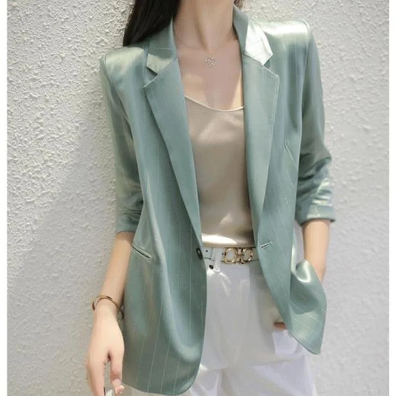Korean Elegant Satin Za Women Blazer Office Business Office Ladies Blazers Loose Tops Woman Bright Silk Striped Suit Jackets New