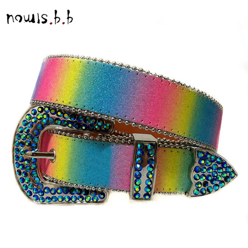 NOWISBB Rainbow Genuine Leather Diamond Belt Fashion Luxury Designer Brand Rhinestones Bling Crystal Studded Buckle Belts Y2K