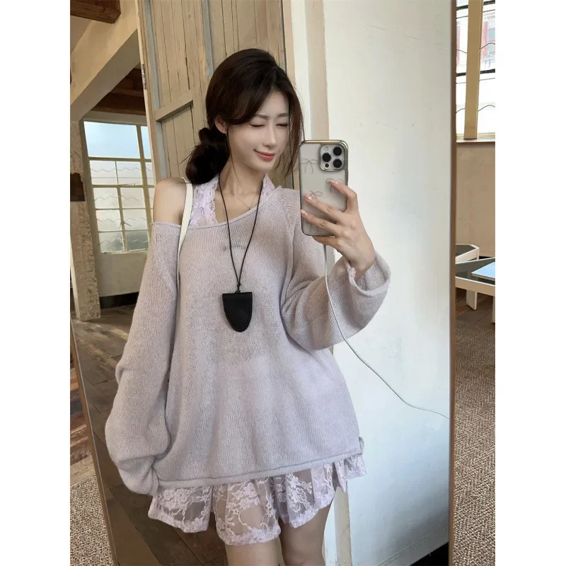 2024 Pure Desire кружевное сетчатое платье с бретелькой на шее и длинными рукавами