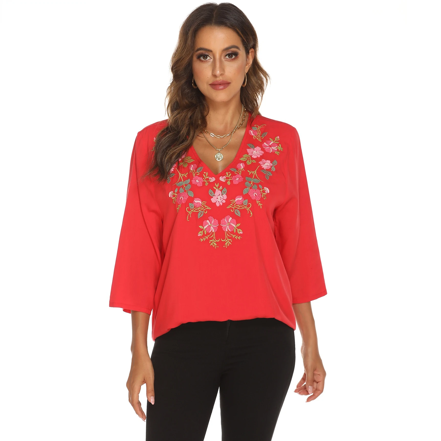 

Le Luz Floral Embroidery Blouse Shirts 100% Cotton Red Boho Vintage Mexican Blouse V-neck Women 2xl 3XL Ladies Ethnic Tops