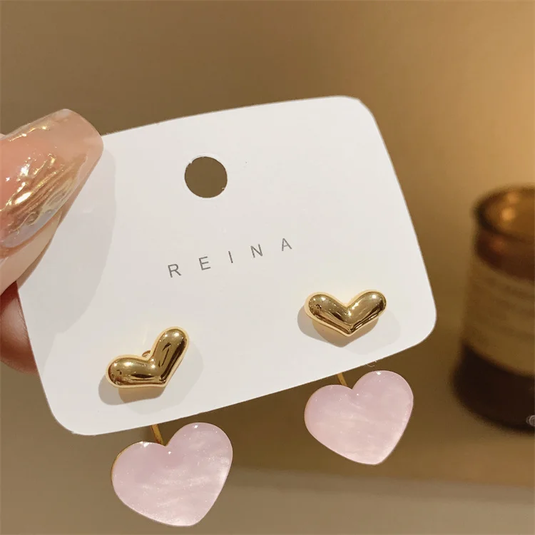 

Cute Heart Drop Earrings for Woman With Pink Opal Golden Teens Unusual Korean Hanging Earrings Trend 2023 Fashion Accessory