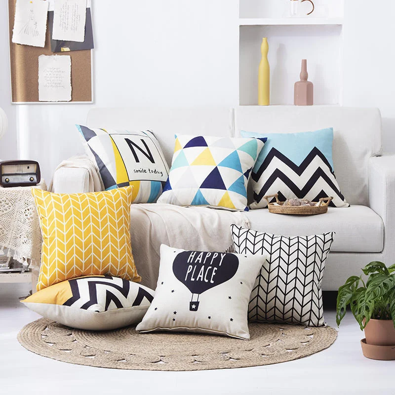 45x45cm Yellow Geometric Print Pillowcase Custom Linen Stripe Patchwork Cushion Cover Waist Throw Pillow Case Sofa Home Decor - купить по