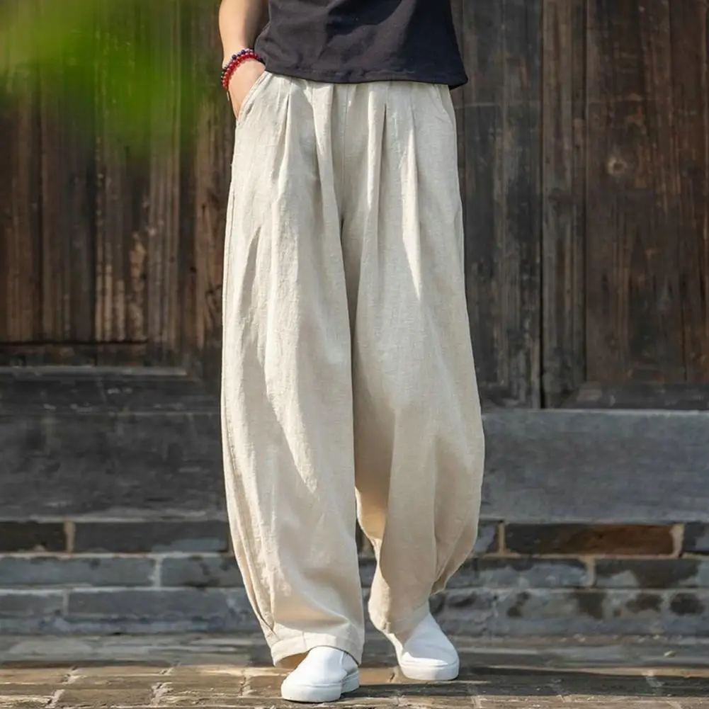 

Women Trousers Elastic Waist Loose-fitting Retro Casual Pants With Pocket Cotton Hemp Summer Women Loose Wide-leg Pants
