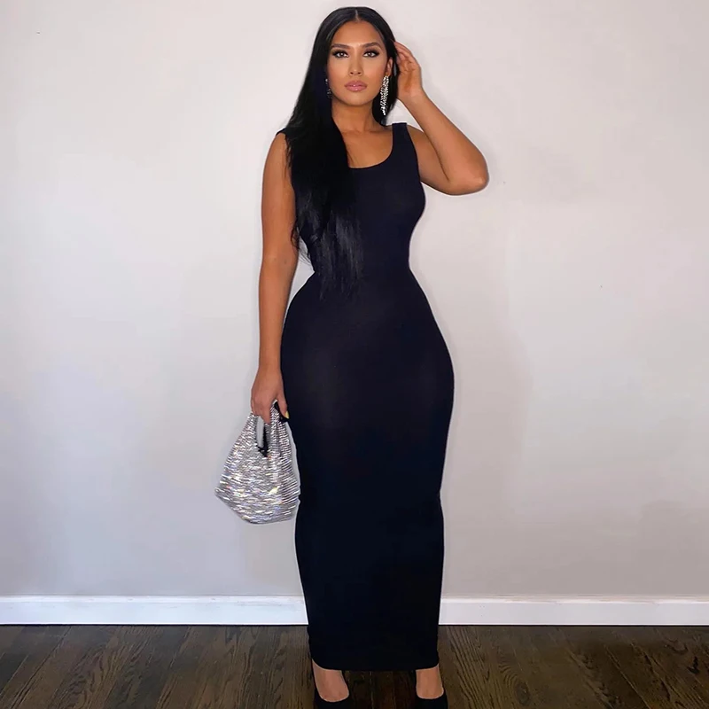 

Womens Solid Ribbed Long Dress Sleeveless Elegant Female Thin Sexy Backless Dress O-Neck Vest Slim Maxi Party Simple Dress
