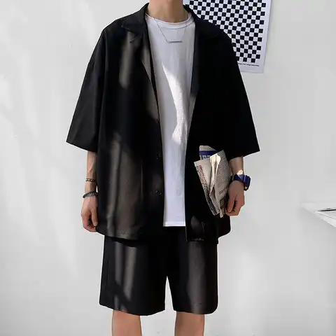 Корейский стиль мужской комплект пиджак и шорты однотонный Тонкий Топ с коротким рукавом подходящие низ летняя модная мужская одежда оверс...