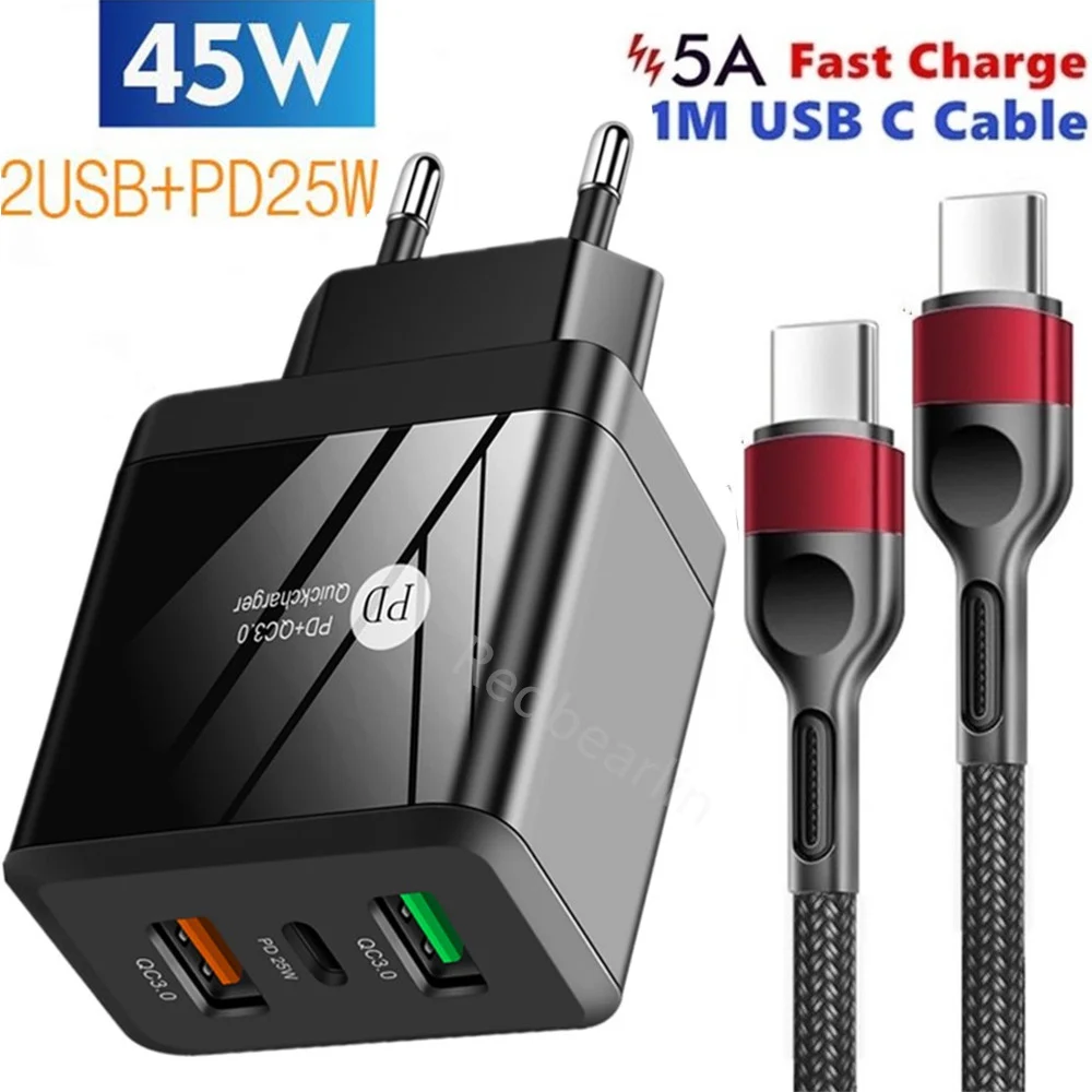 

45W USB Charger PD Fast Charge QC 3.0 Wall Charger For iPhone 13 12 11 Samsung Xiaomi Mobile 3 Ports EU US UK Power Adapters