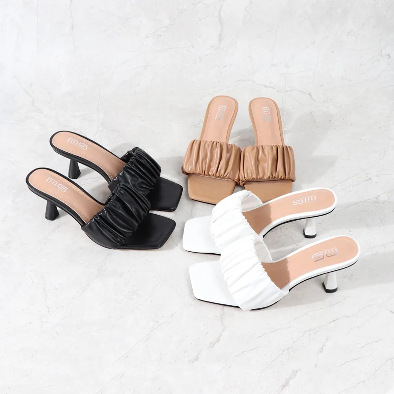 2023 Summer Sexy Women Pumps Outside Solid Pleated Ladies Slides 6cm High Heels for Female Sandals Casual Womans Modern Slippers
