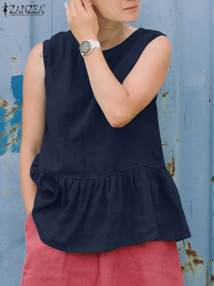 

ZANZEA Summer Sleeveless Blouse Fashion Solid Tank Tops Loose Vest Camisole Ruffled Hem O-Neck Shirt Holiday Beach Chemise 2023