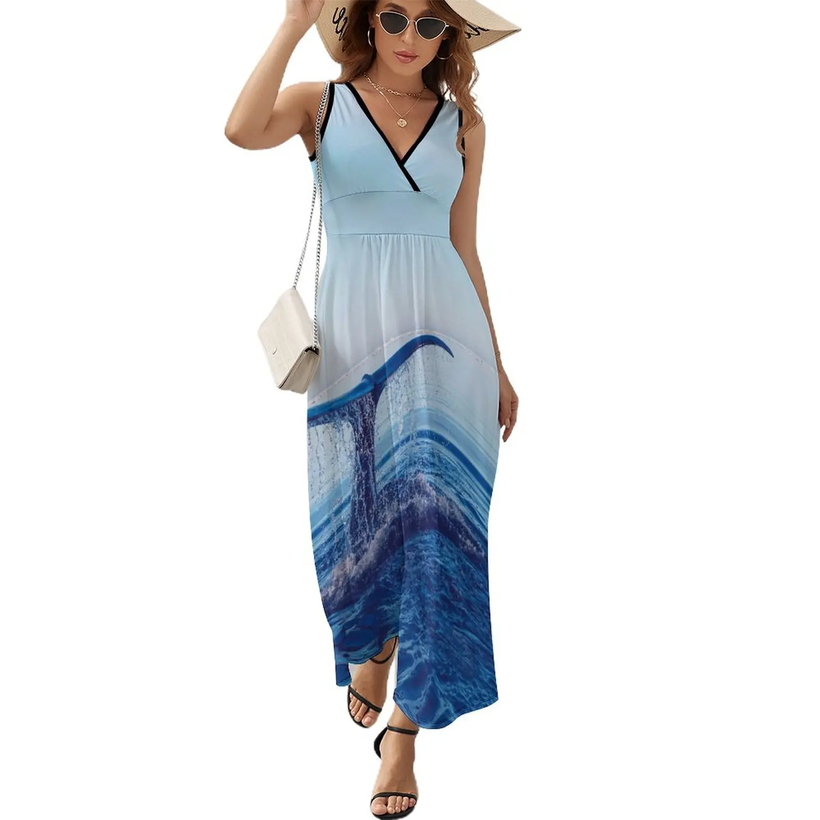 

Женское длинное платье в стиле бохо, повседневное винтажное платье макси с длинным хвостом Кита в морском стиле, длинное пляжное платье с завышенной талией на лето