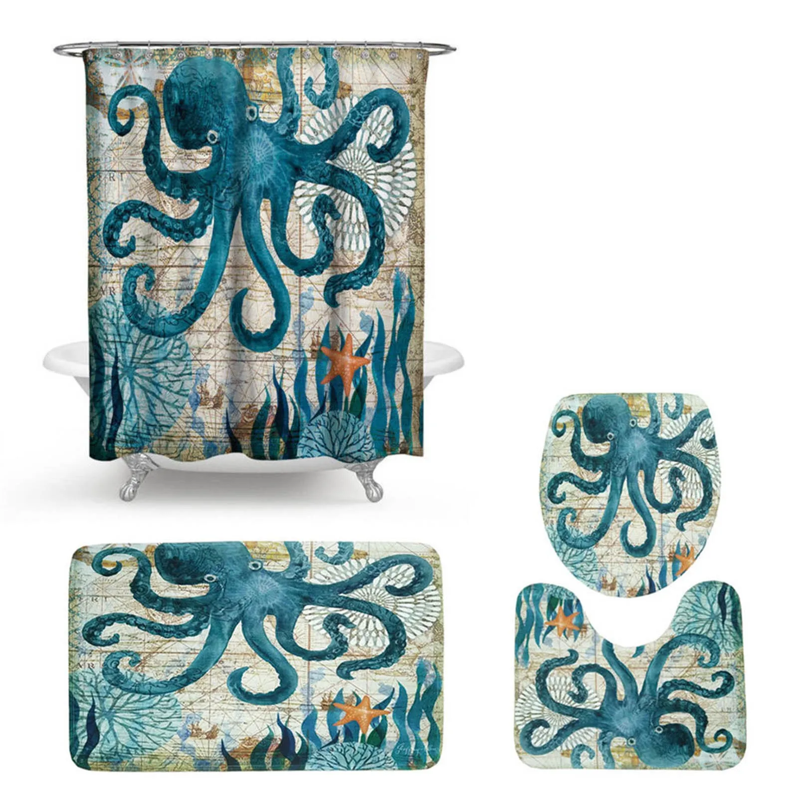 

Printed Polyester Waterproof Shower Curtain Floor Mat Rug Toilet Mat Shower Curtain Four Piece Set