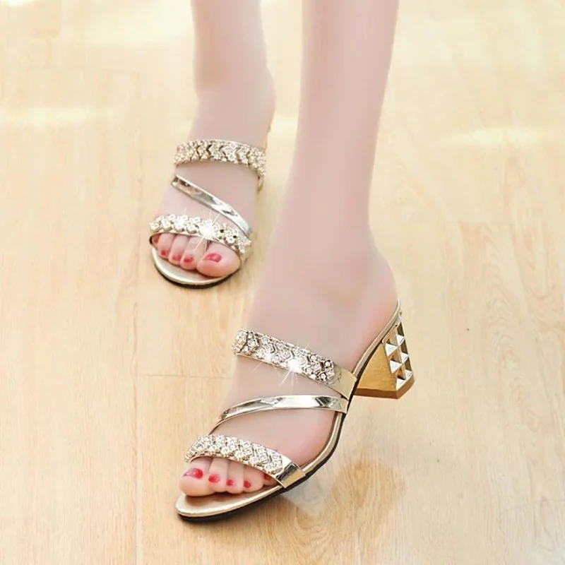 

2022 Summer New Mid Heel Chunky Heel Women's Slippers Open Toe High Heel Rhinestone Ladies' Sandals