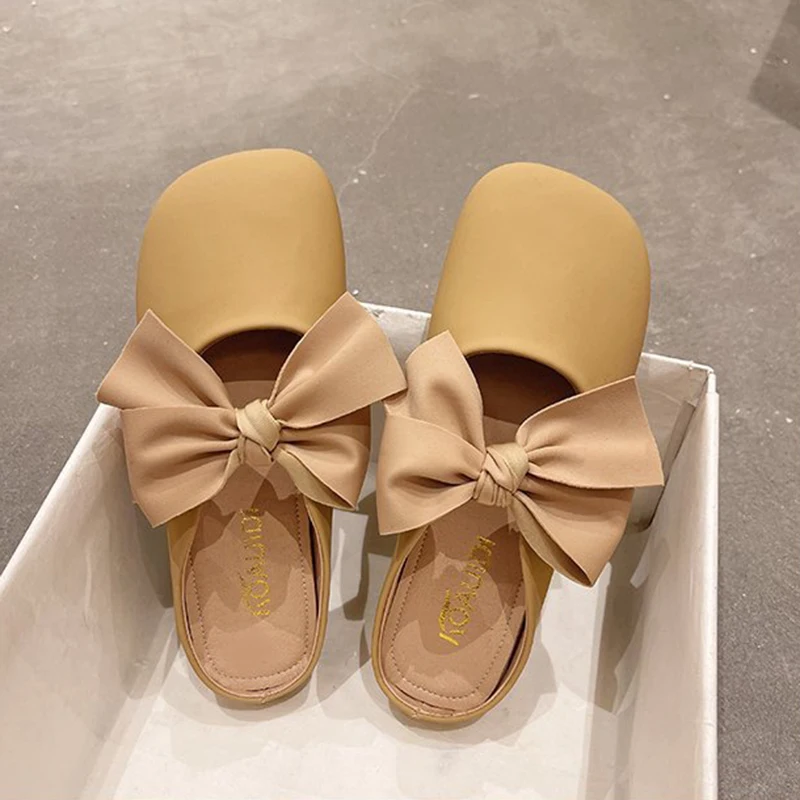 

Lolita Shoes Women Cute Bow Mules Slippers 2022 Spring Concise Sandals Ladies Slip-on Lazy Peas Shoes zapatos de mujeres