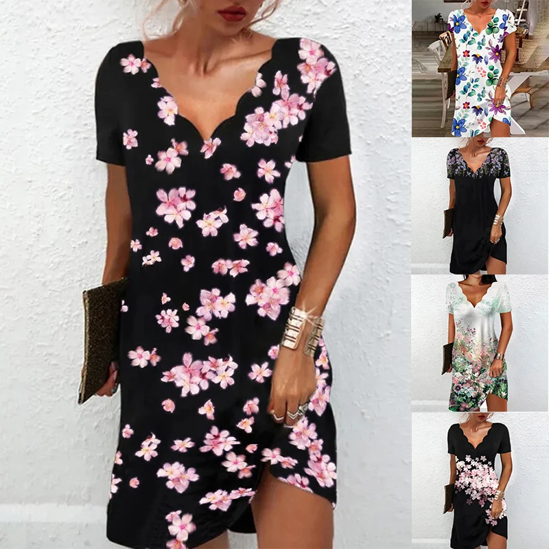 

Summer Women's Fashion Printed Wavy V-Neck Loose Short Sleeve Dress Casual Floral Elegant Loose Pullover Party Beach Midi Dress
