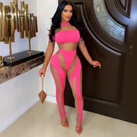 neon color skinny jumpsuit women sexy sheer mesh see through rompers 2022 summer long sleeve night club party one piece overalls