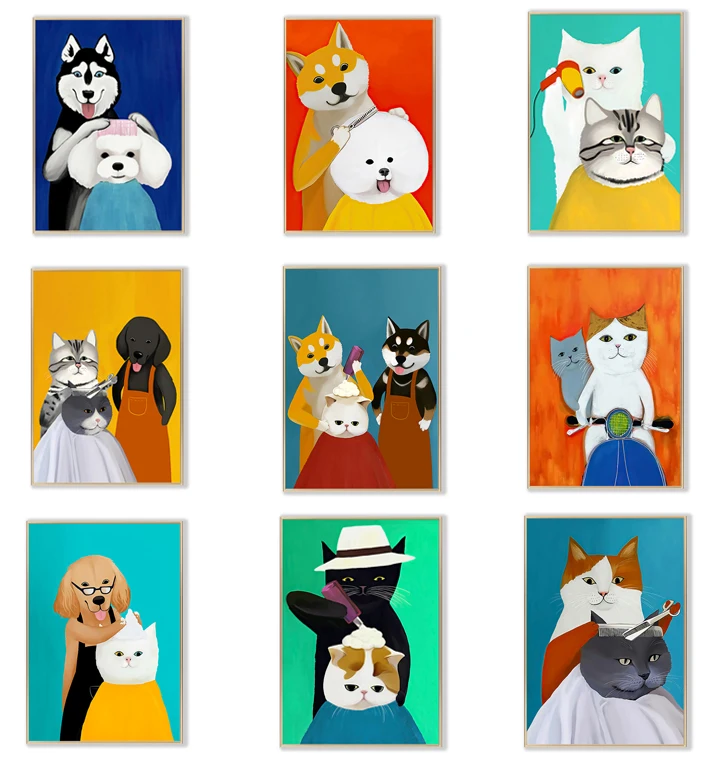 

Современные плакаты с забавными животными, мультяшными милыми кошками, собаками, стрижкой, Картина на холсте, Настенная картина, домашний декор для детской комнаты