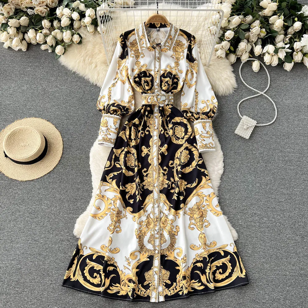 

Женское однобортное платье-рубашка, длинное винтажное платье-рубашка в дворцовом стиле с длинным рукавом-фонариком, весна-осень