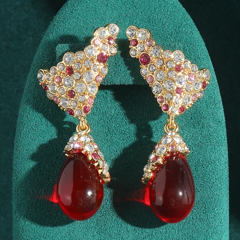 Винтажные свадебные серьги-капли с красной глазурью и каплями воды для женщин, 2025, золотой цвет, стразы, роскошные дизайнерские ювелирные изделия, новинка свадьбы