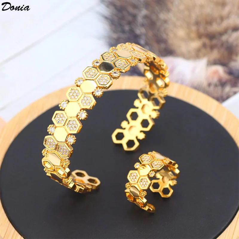 

Donia Jewelry European and American luxury geometric jewelry micro inlaid zircon honeycomb hexagonal bracelet ring set