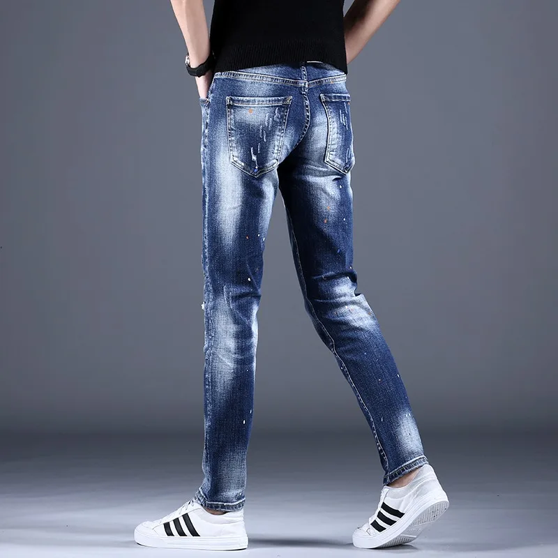 Summer Ripped Jeans Men Casual Lightweight Blue Pants Patch Jean Streetwear Fashion Slim Fit Denim Trousers